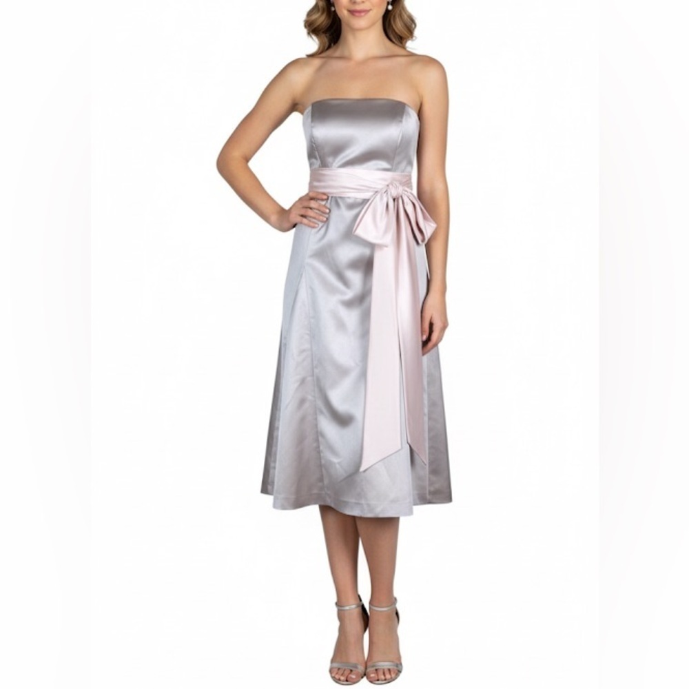 After Six Strapless Bridesmaid Dress Tea Midi Silver with Pink Waist Sash 10